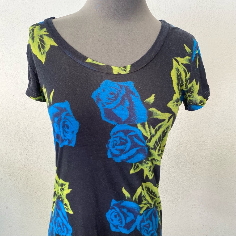 Y2K BETSEY JOHNSON NAVY GREEN FLORAL SHORT SLEEVE TUNIC TOP ONE SIZE COMFORT - Picture 2 of 7